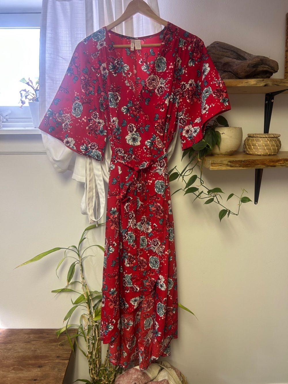 Red Floral Wrap Dress with Tie Waist